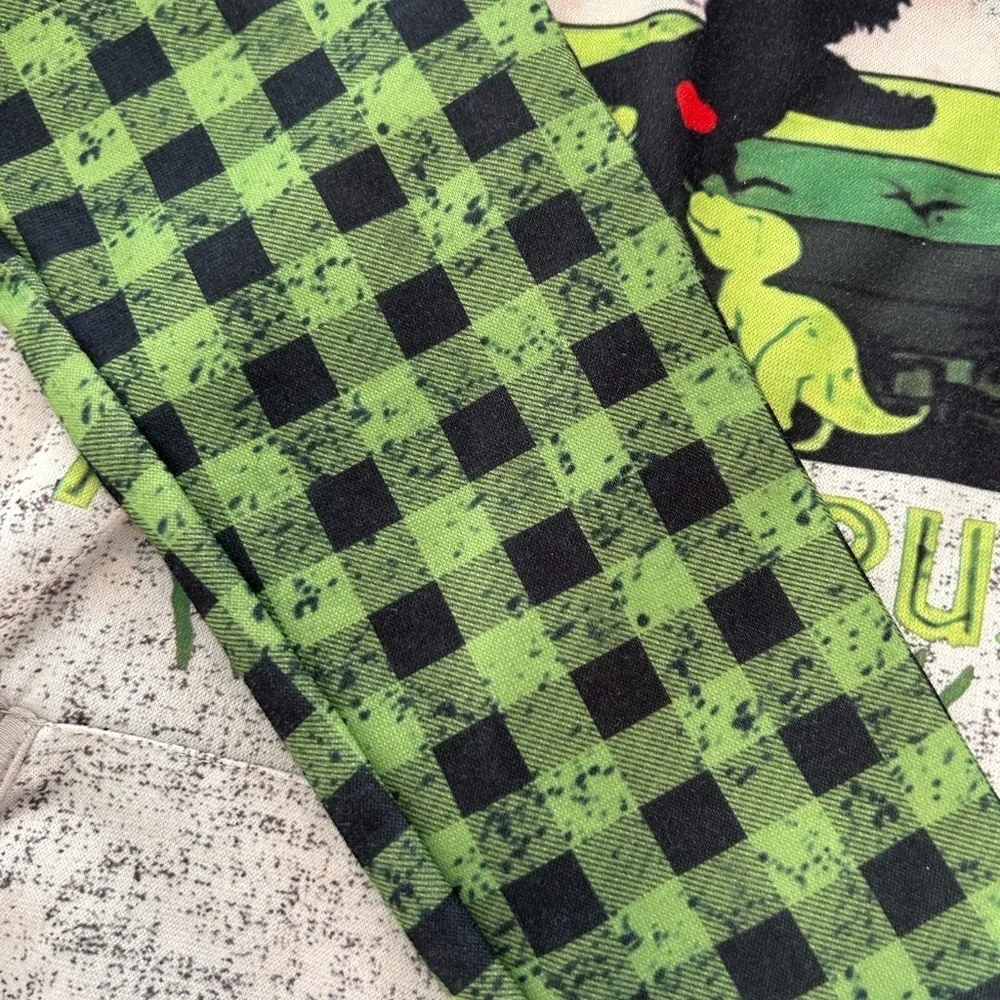 Dinosaur Graphic Hoodie with Checkered Sleeves Size L